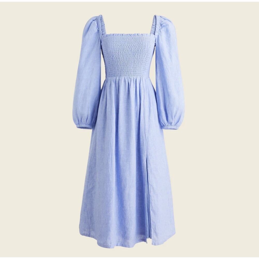J. CREW FRENCH BLUE LINEN DAYDREAM SMOCKED DRESS SIZE MEDIUM